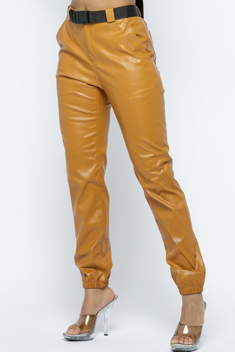 High rise Faux Leather Joggers with Belt Pants