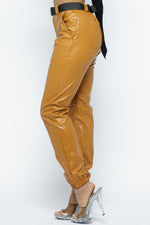 High rise Faux Leather Joggers with Belt Pants