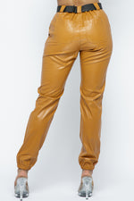 High rise Faux Leather Joggers with Belt Pants