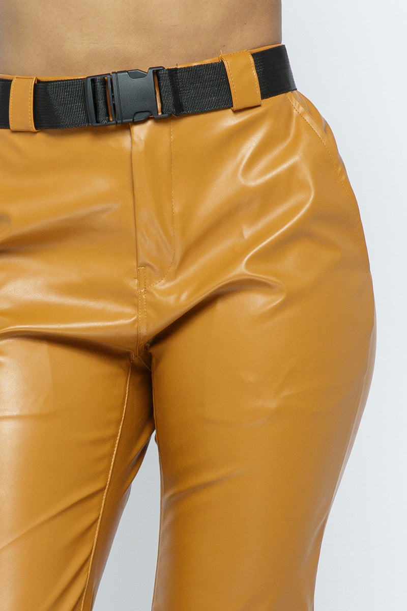 High rise Faux Leather Joggers with Belt Pants