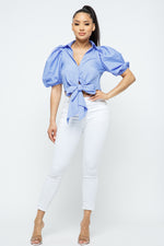 Strip Puff Short Sleeve  W/Waist Bow Tie Nice Fit Tops