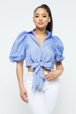 Strip Puff Short Sleeve  W/Waist Bow Tie Nice Fit Tops