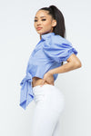 Strip Puff Short Sleeve  W/Waist Bow Tie Nice Fit Tops