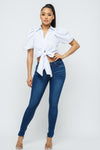 Strip Puff Short Sleeve  W/Waist Bow Tie Nice Fit Tops