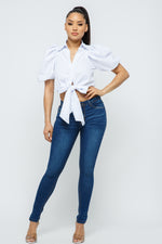 Strip Puff Short Sleeve  W/Waist Bow Tie Nice Fit Tops