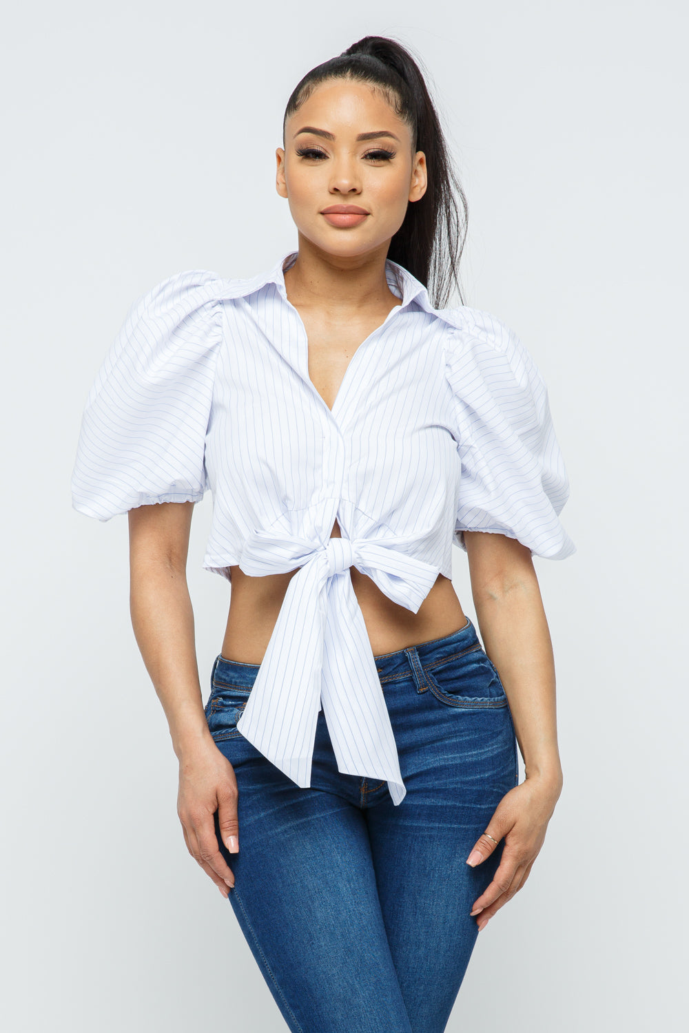 Strip Puff Short Sleeve  W/Waist Bow Tie Nice Fit Tops