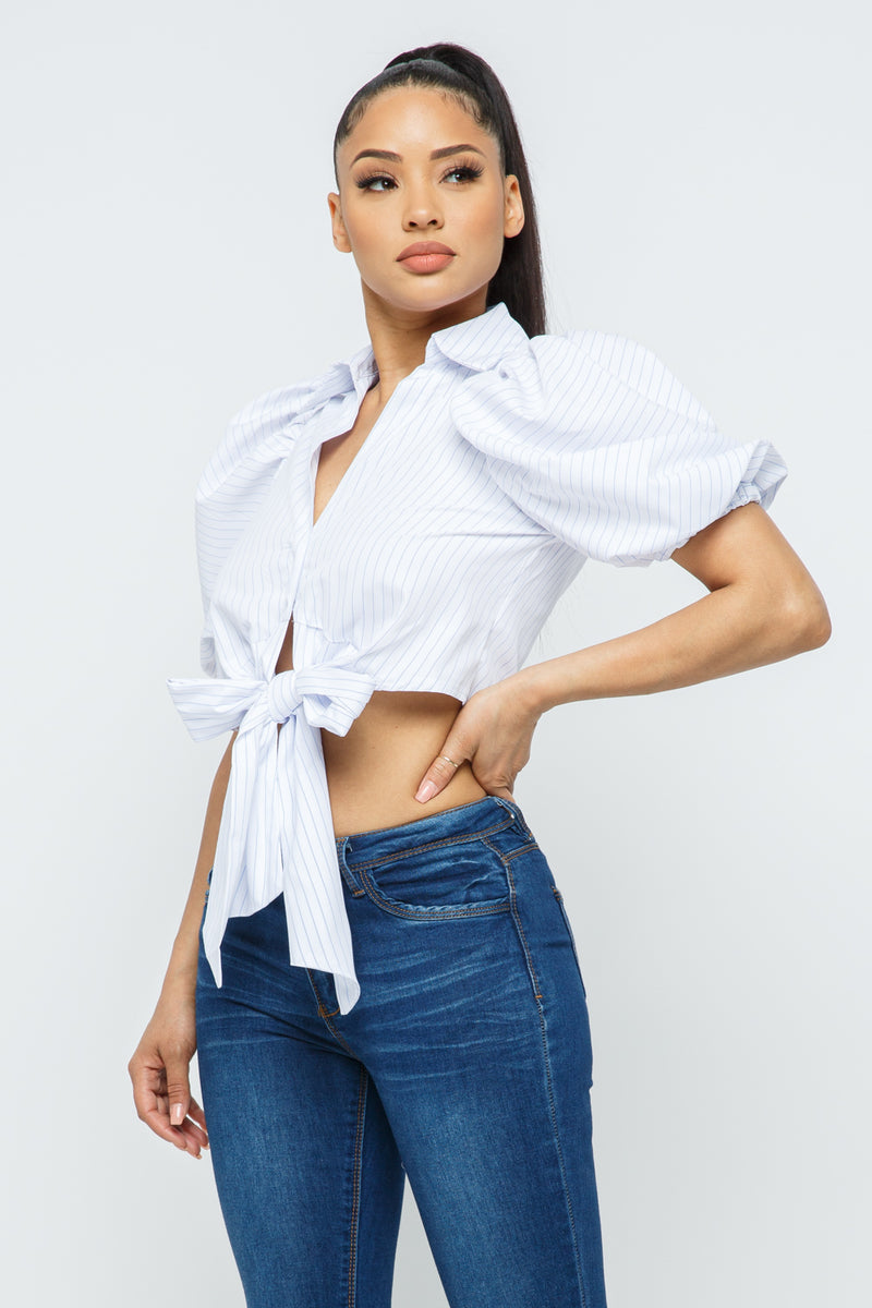 Strip Puff Short Sleeve  W/Waist Bow Tie Nice Fit Tops