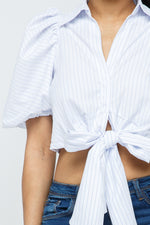 Strip Puff Short Sleeve  W/Waist Bow Tie Nice Fit Tops