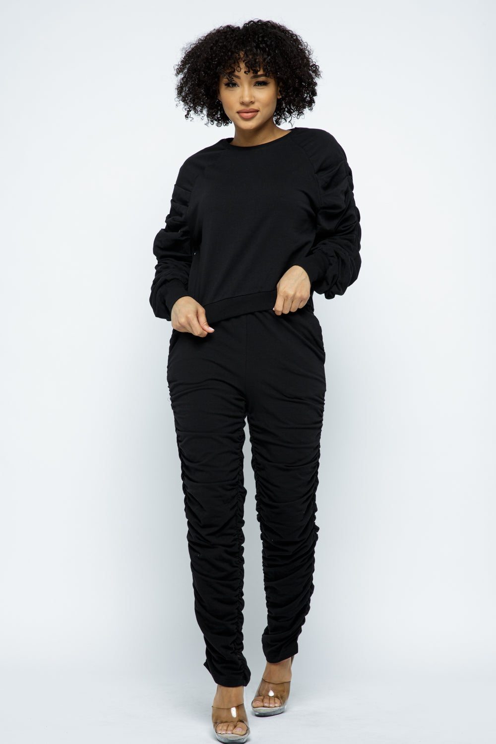 French Terry Long Sleeve Top With Stacked Jogger Sets