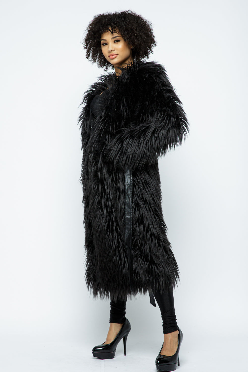 Black Faux Fur Long Sleeve Long Coat Jackets