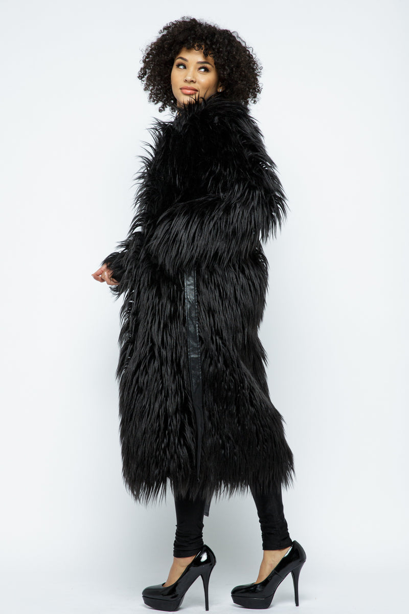 Black Faux Fur Long Sleeve Long Coat Jackets