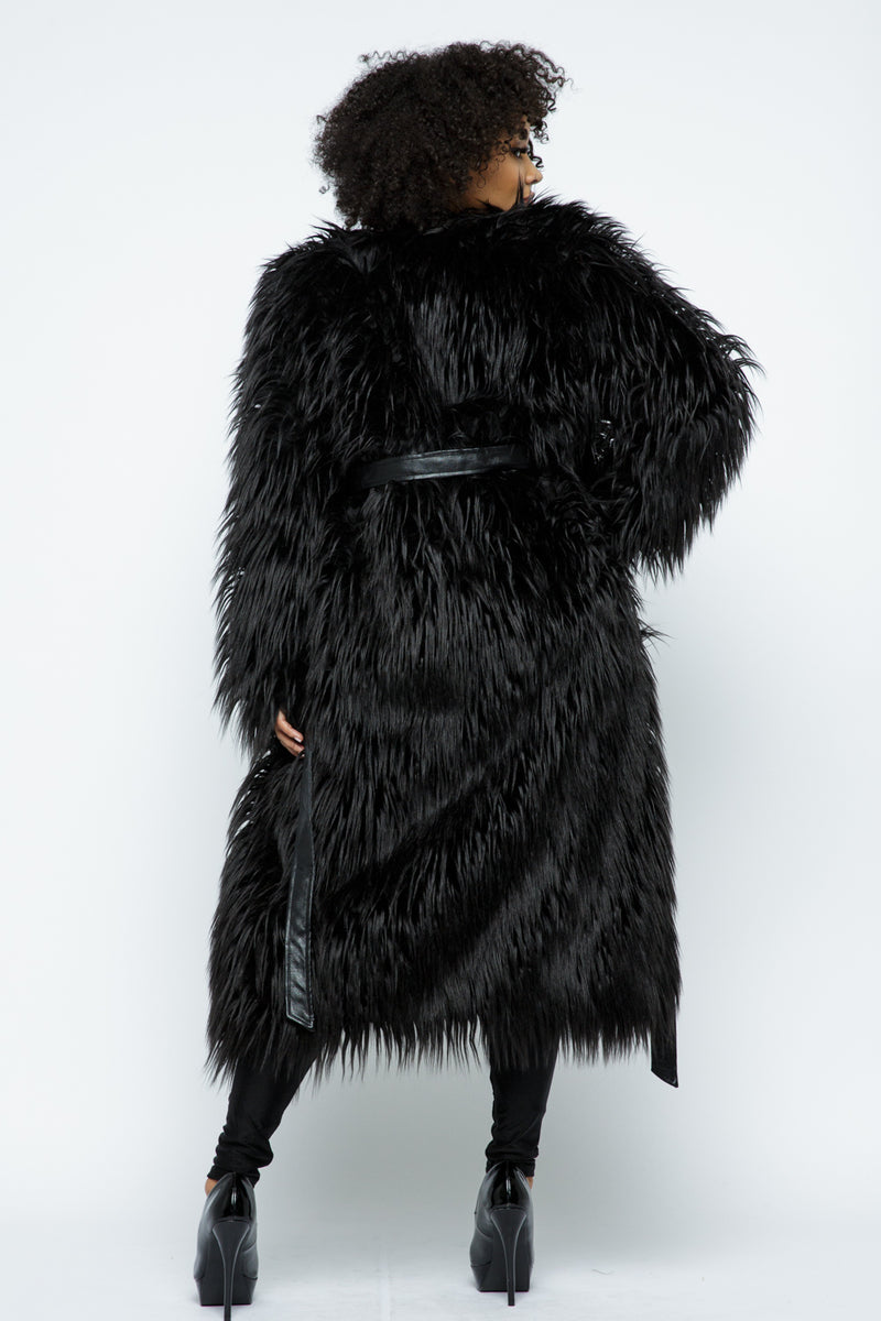 Black Faux Fur Long Sleeve Long Coat Jackets