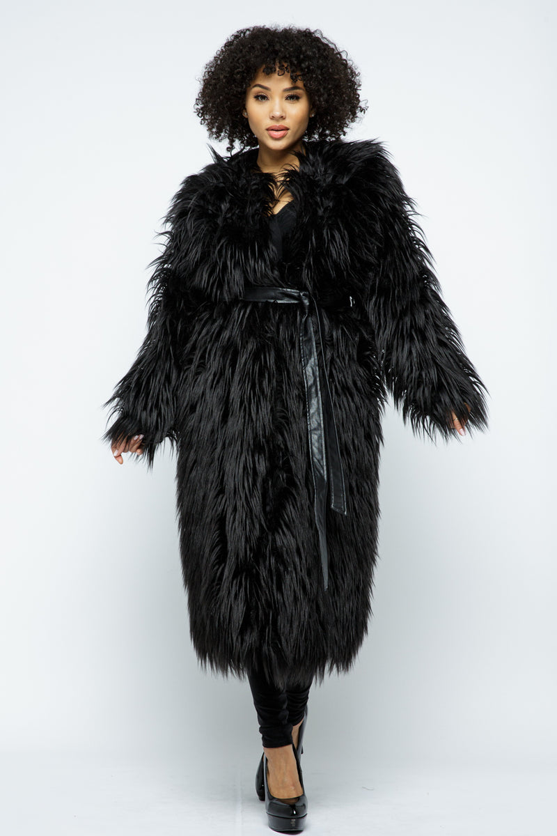 Black Faux Fur Long Sleeve Long Coat Jackets