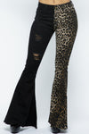 Cheetah print half Solid Stretch Flare Pants