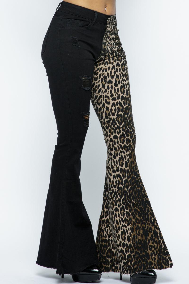 Cheetah print half Solid Stretch Flare Pants