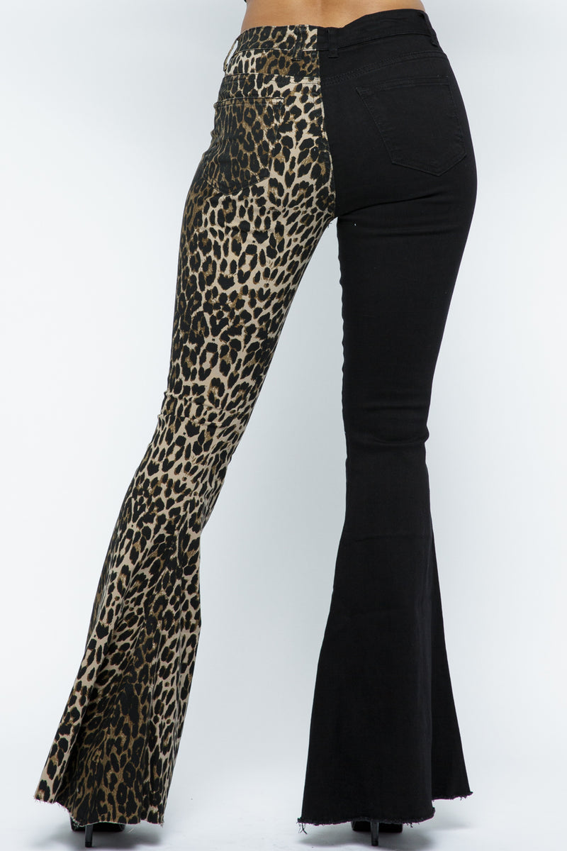 Cheetah print half Solid Stretch Flare Pants