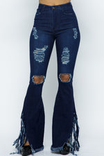 High Waist Stretch Ripped Bell Bottom With Fringed Side Hem Jeans