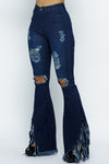 High Waist Stretch Ripped Bell Bottom With Fringed Side Hem Jeans