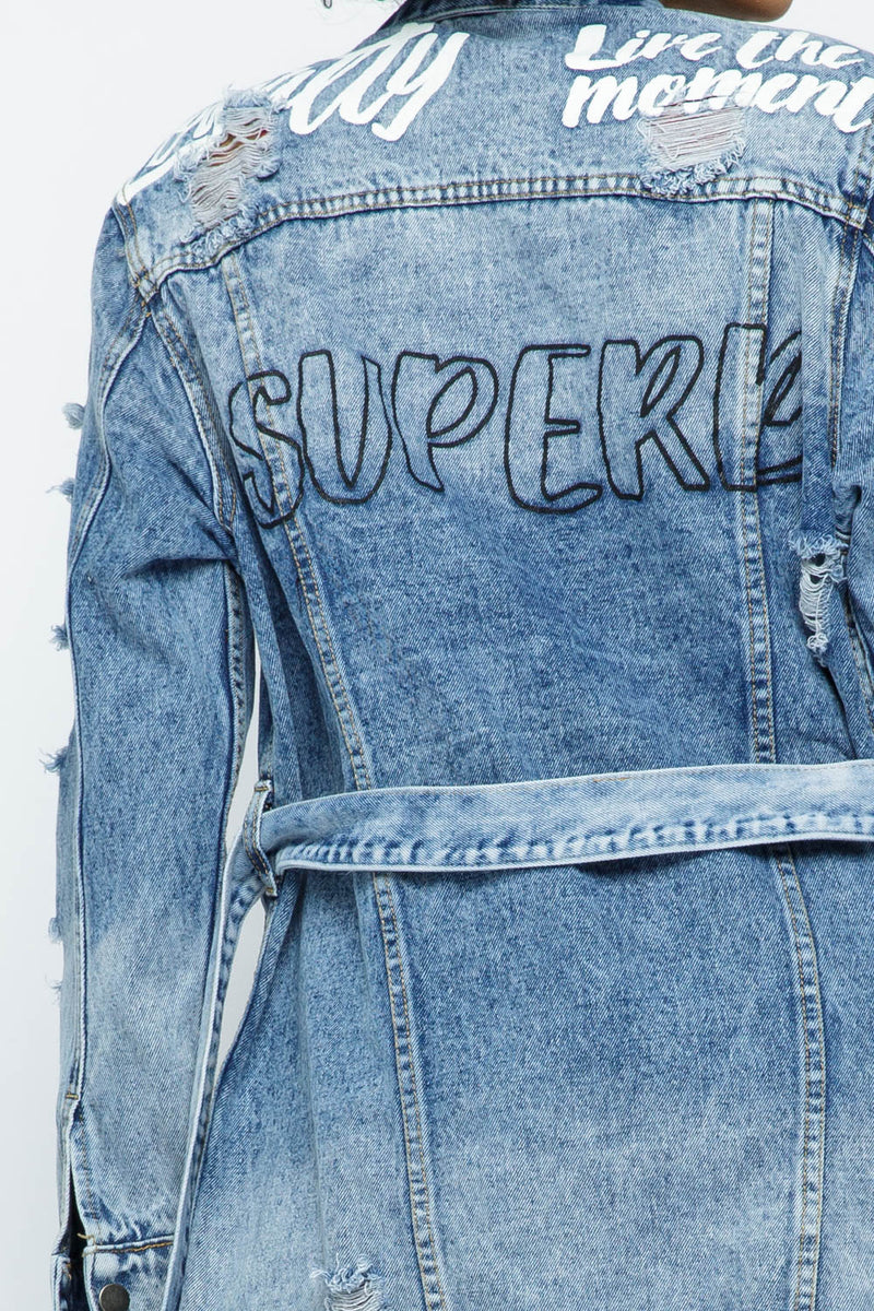 Distressed with Lettering printed Denim Jackets