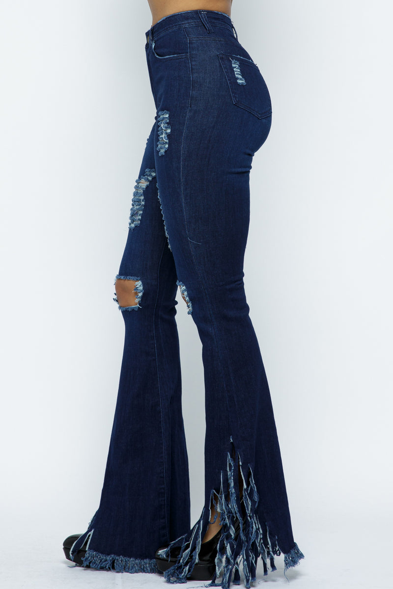 High Waist Stretch Ripped Bell Bottom With Fringed Side Hem Jeans