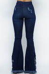 High Waist Stretch Ripped Bell Bottom With Fringed Side Hem Jeans