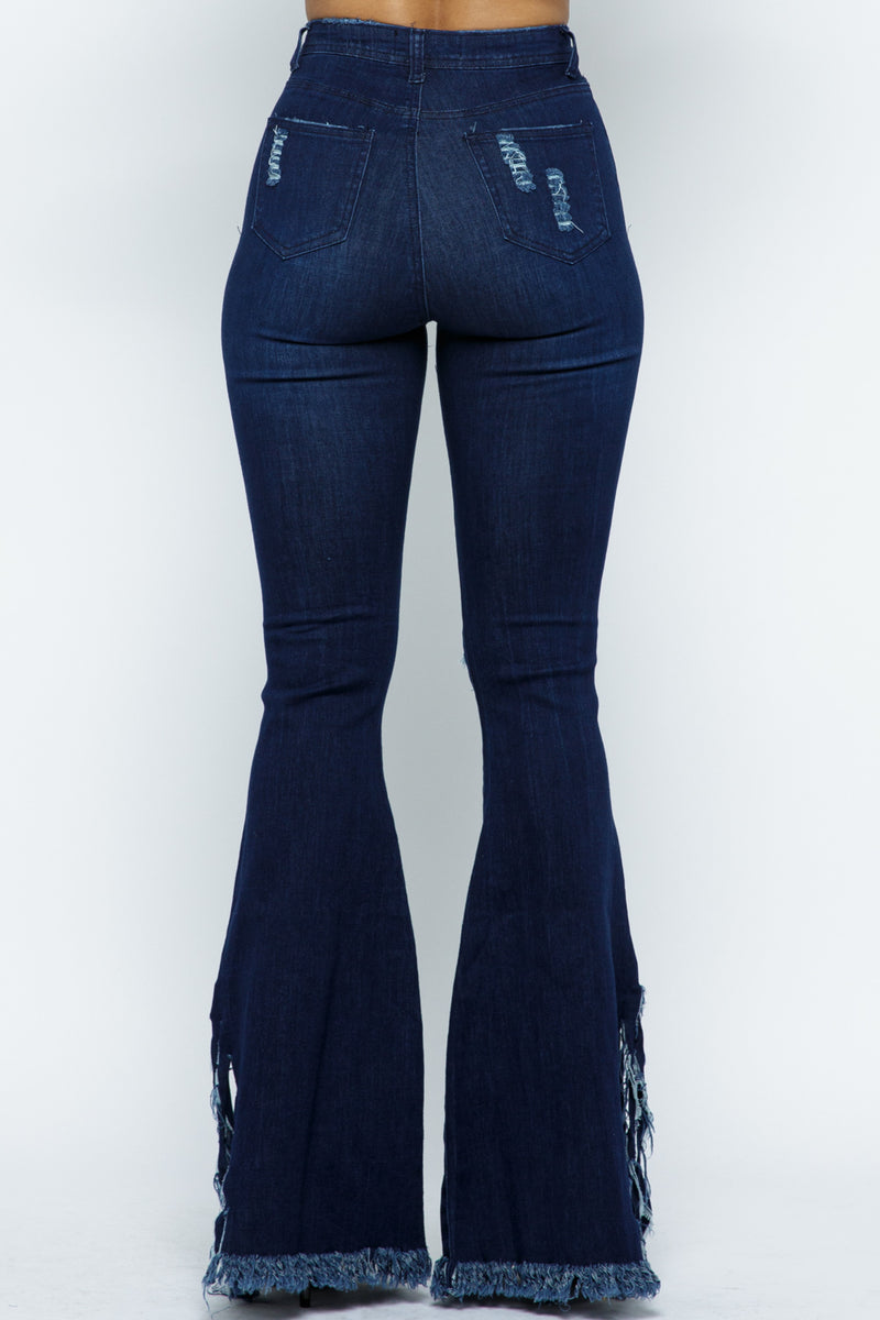 High Waist Stretch Ripped Bell Bottom With Fringed Side Hem Jeans