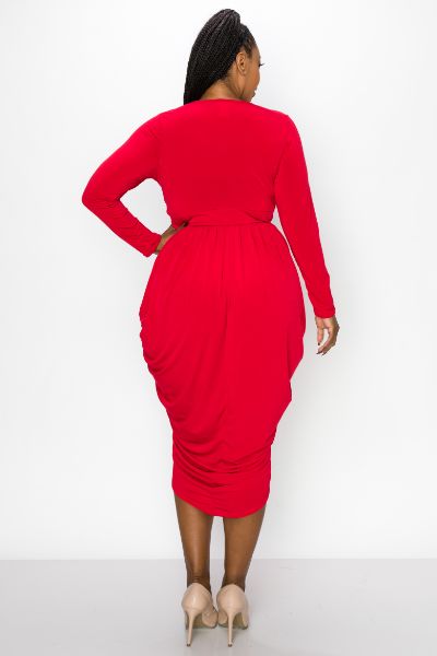 Solid Wrap-Style Draped Midi Surplice Dress Plus Size