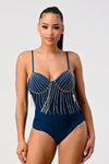 Sleeveless Denim Bra Top Bodysuit With Cubic Fringe