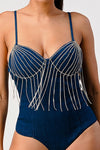 Sleeveless Denim Bra Top Bodysuit With Cubic Fringe